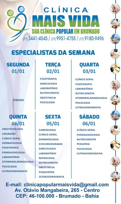 Confira os especialistas da semana na Clínica Mais Vida em Brumado