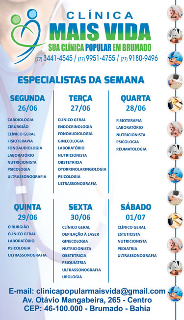 Confira os especialistas da semana na Clínica Mais Vida em Brumado