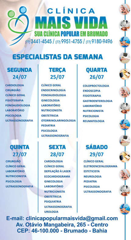 Confira os especialistas da semana na Clínica Mais Vida em Brumado