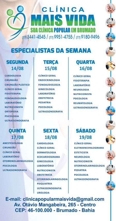 Confira os especialistas da semana na Clínica Mais Vida em Brumado