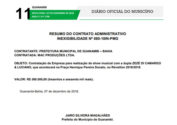 Guanambi pagará o dobro do valor do cachê para Zezé di Camargo e Luciano em relação a Salvador