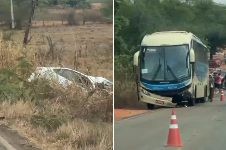 VÍDEO: Colisão frontal entre ônibus e carro deixa jovem morto na BA-156 em Macaúbas