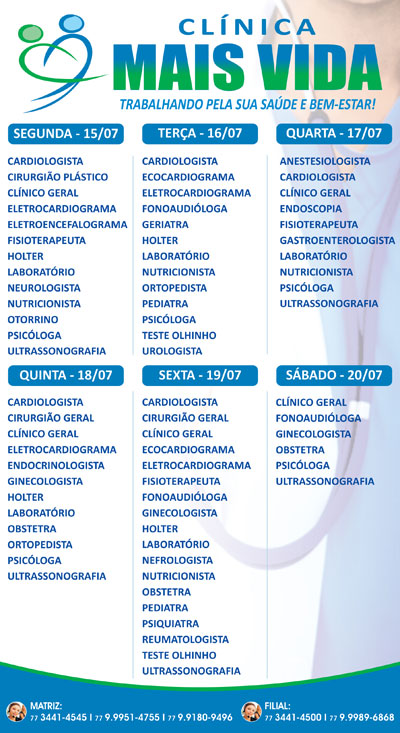 Confira os especialistas da semana na Clínica Mais Vida em Brumado