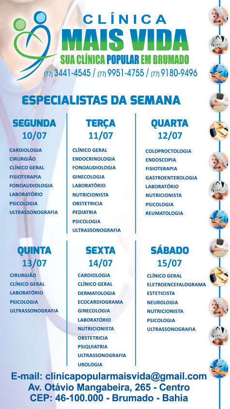 Confira os especialistas da semana na Clínica Mais Vida em Brumado