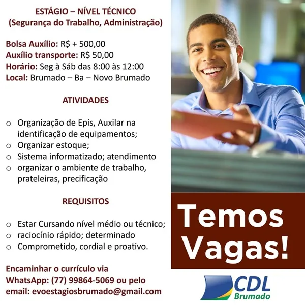 CDL informa sobre oportunidade de estágio em Brumado