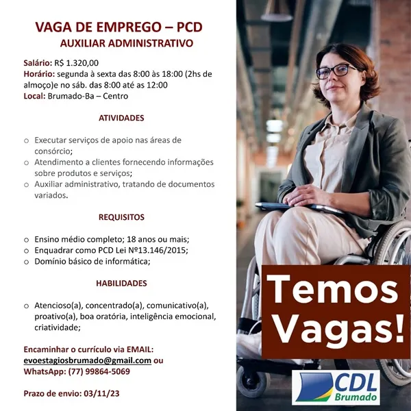CDL divulga oportunidade de emprego para Pessoa com Deficiência (PCD) em Brumado