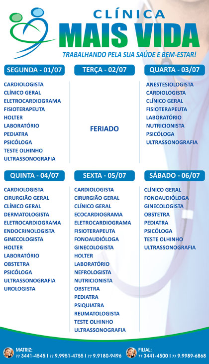 Confira os especialistas da semana na Clínica Mais Vida em Brumado