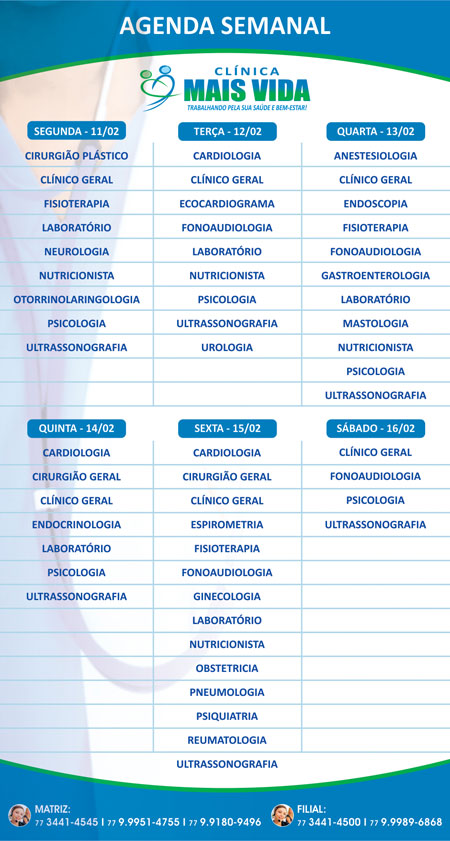 Confira os especialistas da semana na Clínica Mais Vida em Brumado