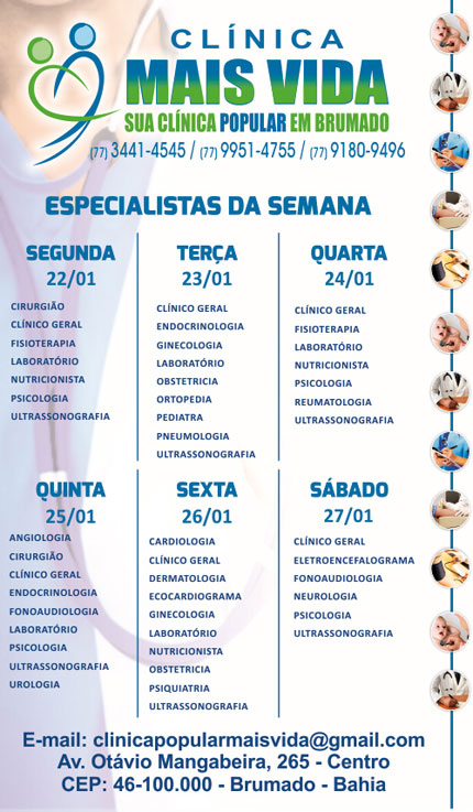 Confira os especialistas da semana na Clínica Mais Vida em Brumado