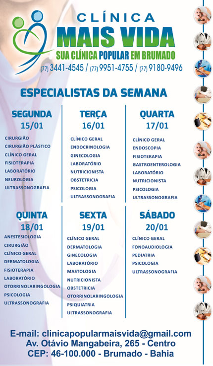 Confira os especialistas da semana na Clínica Mais Vida em Brumado