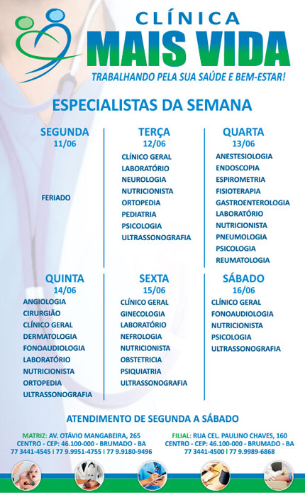 Confira os especialistas da semana na Clínica Mais Vida em Brumado