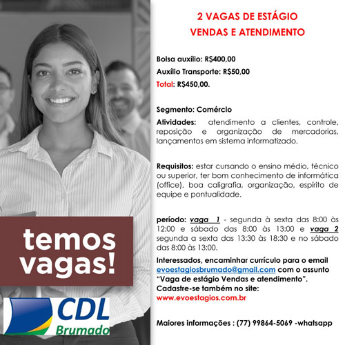 CDL informa sobre duas vagas de estágio no segmento de vendas e atendimento em Brumado