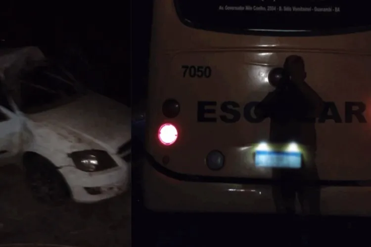 Carro capota após bater em ônibus escolar com alunos em Guanambi