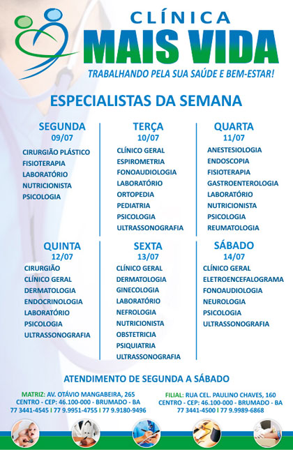 Confira os especialistas da semana na Clínica Mais Vida em Brumado