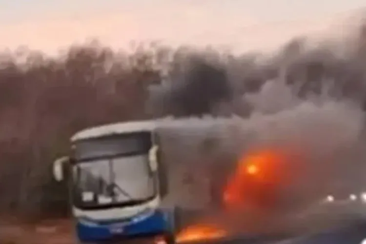 Ônibus da Novo Horizonte pega fogo na BR-030 em Guanambi