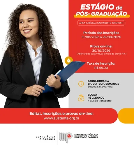 MPBA abre seleção para estágio em Direito com bolsa de R$ 2,2 mil