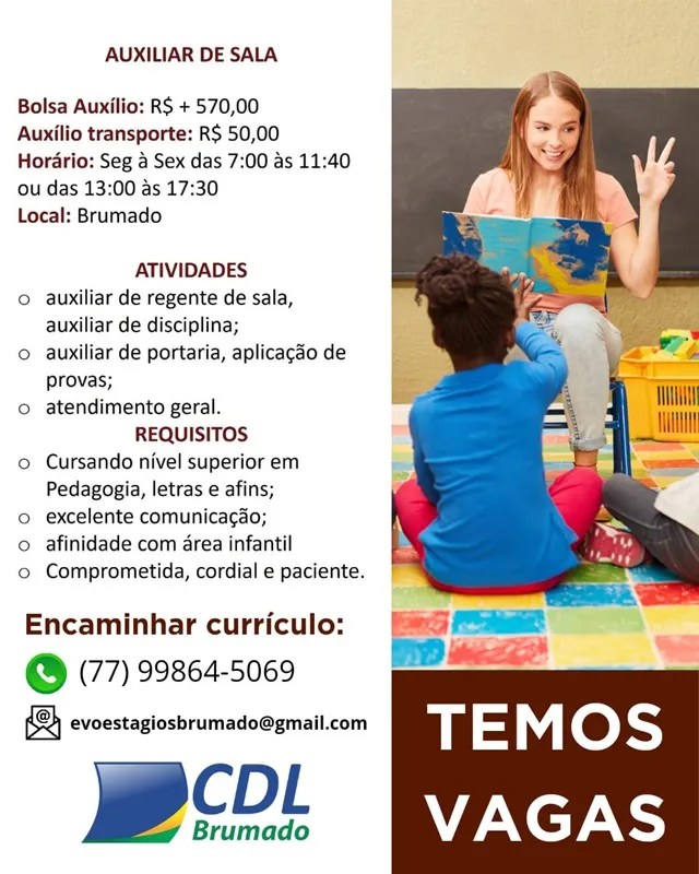 CDL informa sobre vaga para auxiliar de sala em Brumado