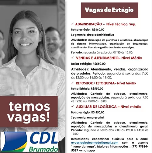 CDL divulga vagas de estágio para Brumado