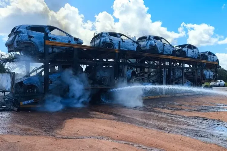 Incêndio destrói caminhão-cegonha com onze carros elétricos na BR-101 em Alagoinhas