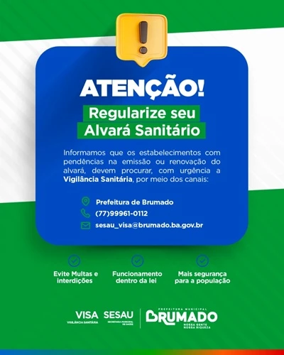 Prefeitura de Brumado alerta sobre a necessidade de regularização do alvará sanitário