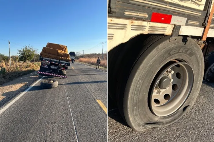 Pneus estouram e caminhão de pisos quase tomba na BR-122 em Guanambi