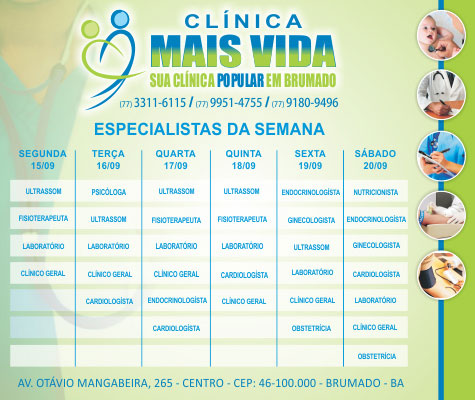 Confira os especialistas da semana na Clínica Mais Vida