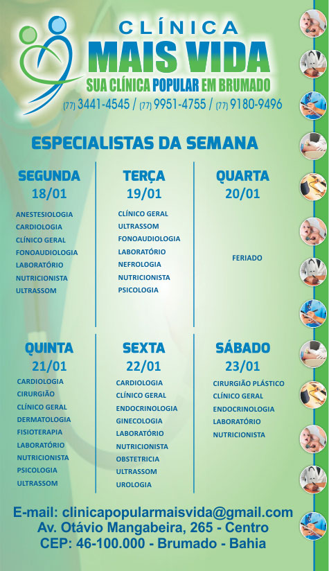 Confira os especialistas da semana na Clínica Mais Vida