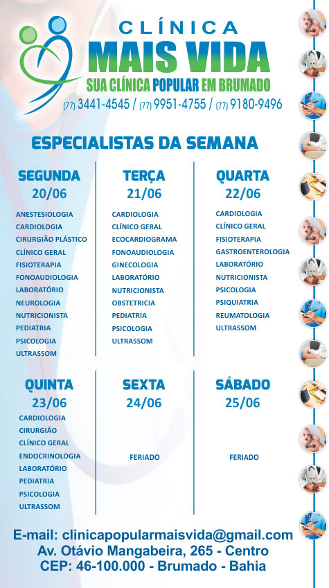 Confira os especialistas da semana na Clínica Mais Vida