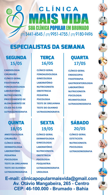 Confira os especialistas da semana na Clínica Mais Vida