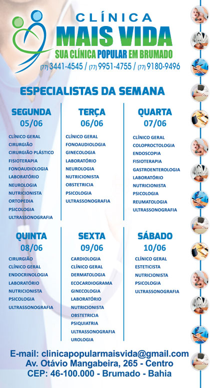 Confira os especialistas da semana na Clínica Mais Vida