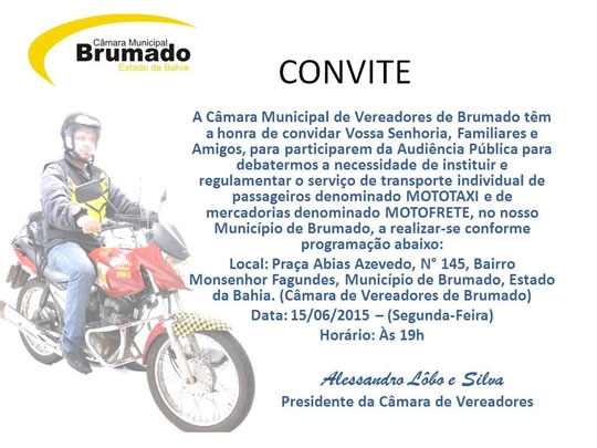 Câmara de Brumado realiza hoje (15) Audiência Pública de regularização de mototáxi e motofrete