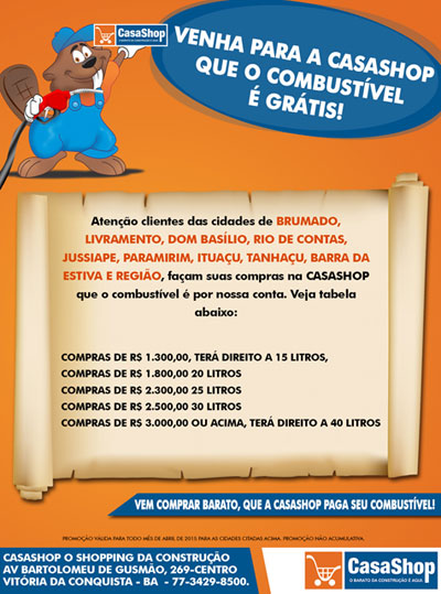 Compre na Casashop e abasteça o seu carro de graça