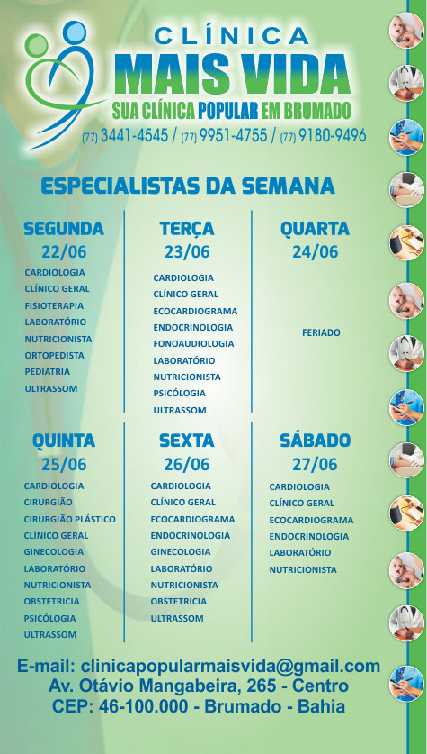 Confira os especialistas da semana na Clínica Mais Vida