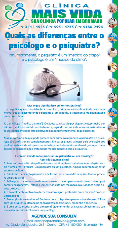 Clínica Mais Vida: Diferenças entre psicólogo e psiquiatra