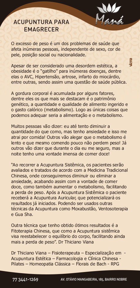 Acupuntura para emagrecer na Clínica Maná em Brumado