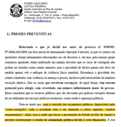Corrupção levou Rio de Janeiro a calamidade, segundo juiz federal