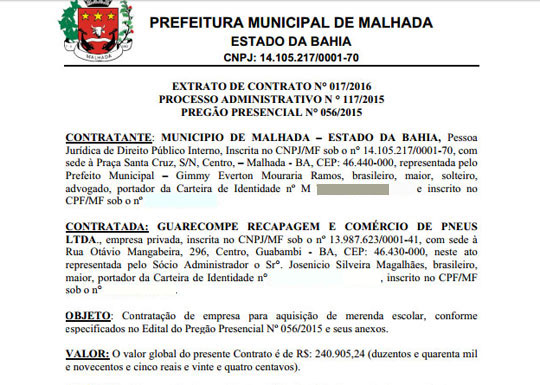 Malhada: Prefeitura firma contrato com empresa de venda de pneus para servir merenda escolar