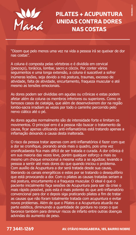 Clínica Maná: Pilates e acupuntura unidas contra dores nas costas