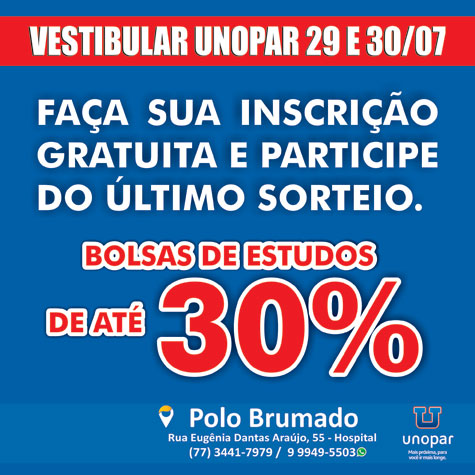 Brumado: Unopar vai realizar último sorteio de bolsas de estudo com até 30% de desconto