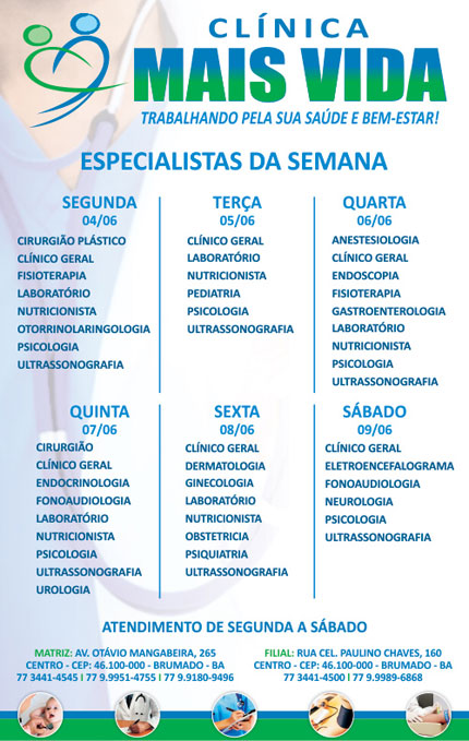 Confira os especialistas da semana na Clínica Mais Vida em Brumado