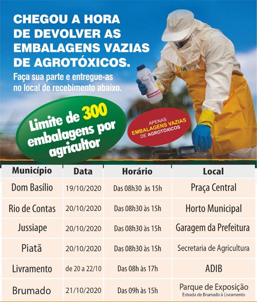 Chegou a hora de devolver as embalagens vazias de agrotóxicos na região de Brumado