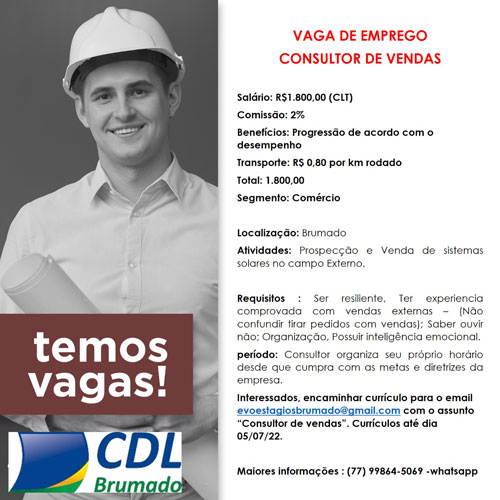 CDL anuncia vaga de emprego para consultor de vendas em Brumado