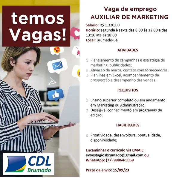 CDL divulga vaga para Auxiliar de Marketing em Brumado
