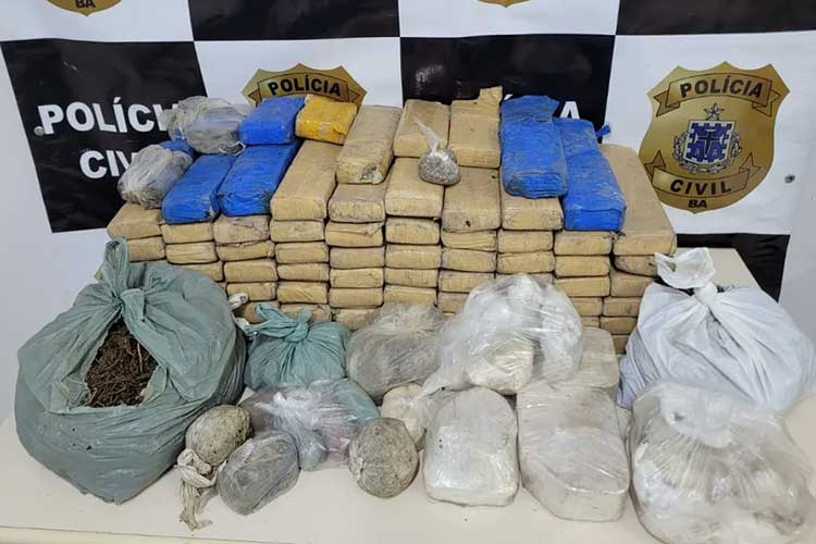 Quase 80 kg de drogas são apreendidos em tambores plásticos enterrados em Eunápolis
