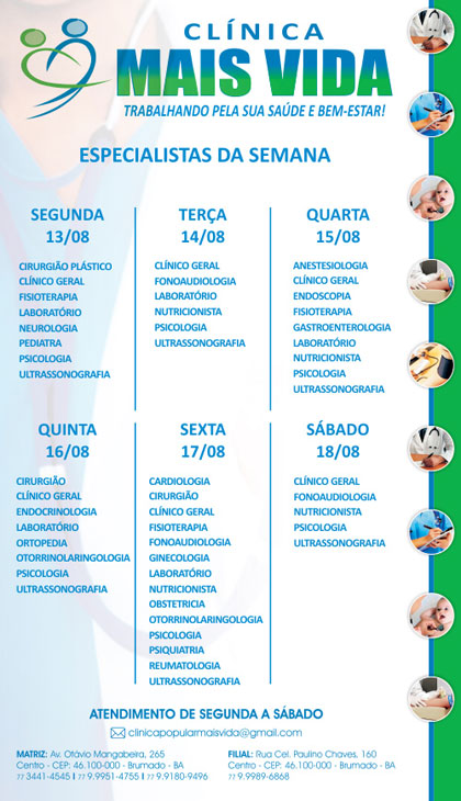 Confira os especialistas da semana na Clínica Mais Vida em Brumado