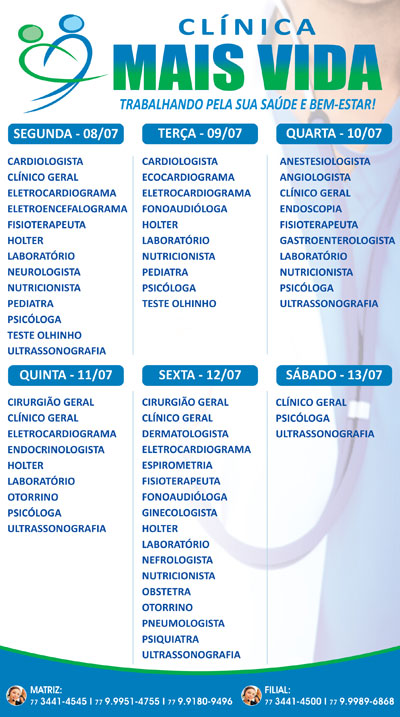 Confira os especialistas da semana na Clínica Mais Vida em Brumado