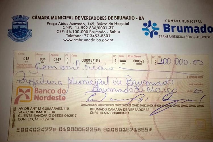 Câmara de Brumado repassa R$ 100 mil à prefeitura para compra de cestas básicas para famílias carentes