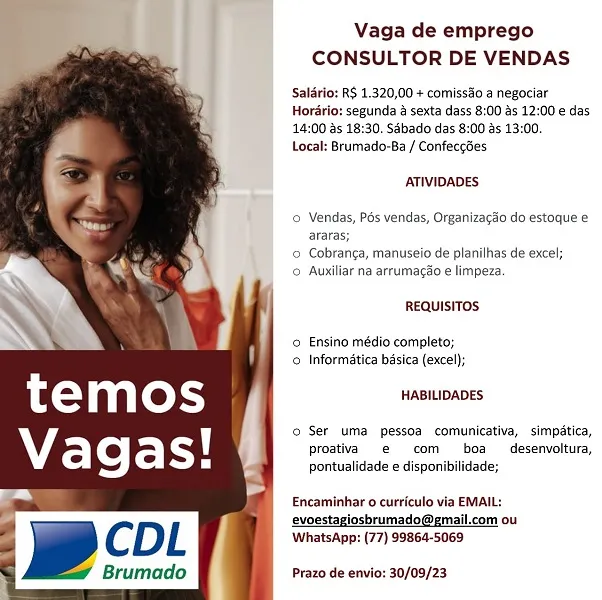 CDL divulga vaga de emprego para consultor de vendas em Brumado