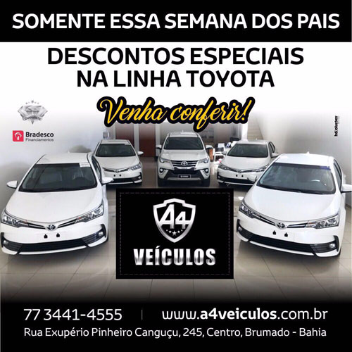 Dia dos Pais: Toda a linha Toyota com descontos especiais na A4 Veículos em Brumado