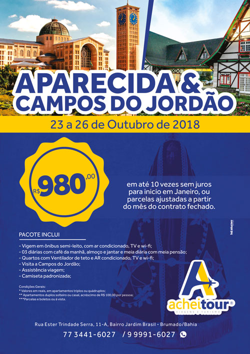 Achei Tour dispõe de pacote turístico para as cidades de Aparecida e Campos do Jordão